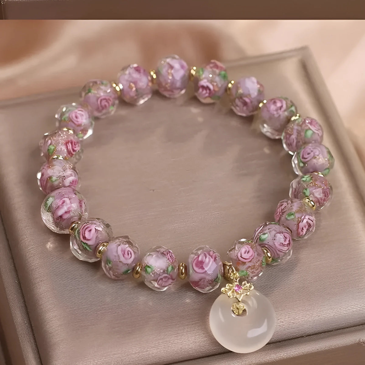 Purple glass flower amethyst bracelet with peace buckle on white background