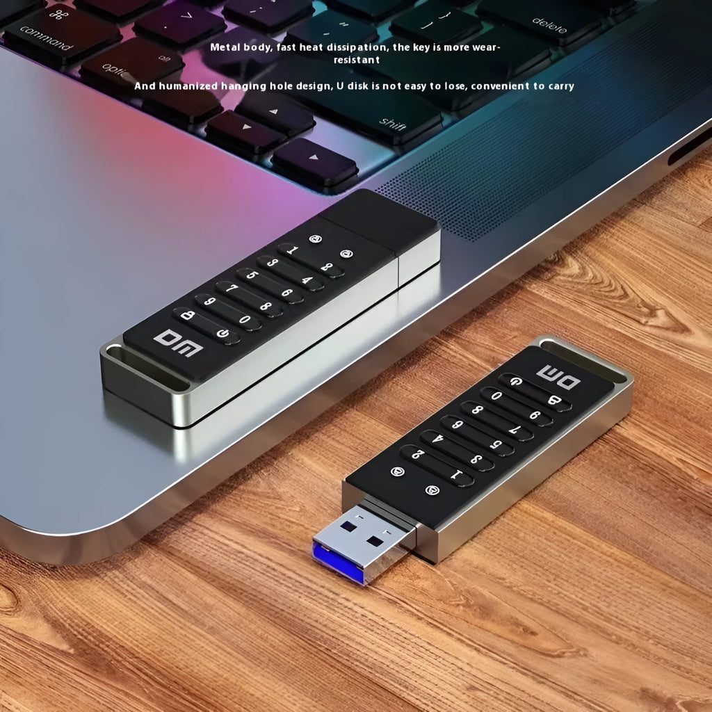 Metal encrypted USB flash drive with fingerprint sensor showing 64GB capacity and USB 3.0 connector