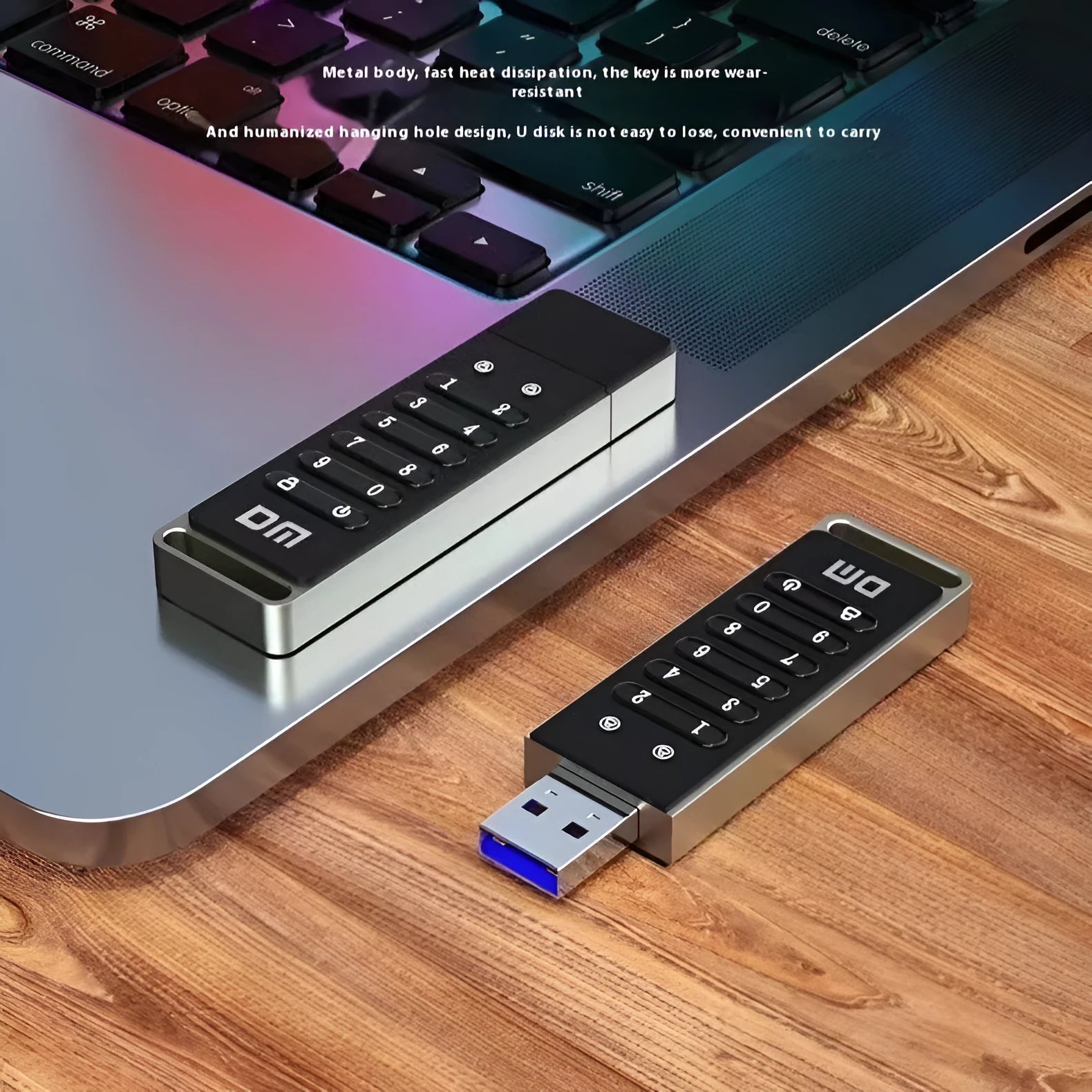 Metal encrypted USB flash drive with fingerprint sensor showing 64GB capacity and USB 3.0 connector