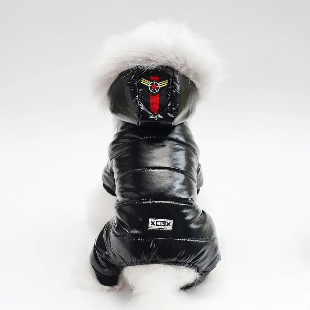 Thickened four leg cotton padded pet clothes in bright red, black, or brown, sizes S to XXL, PU material