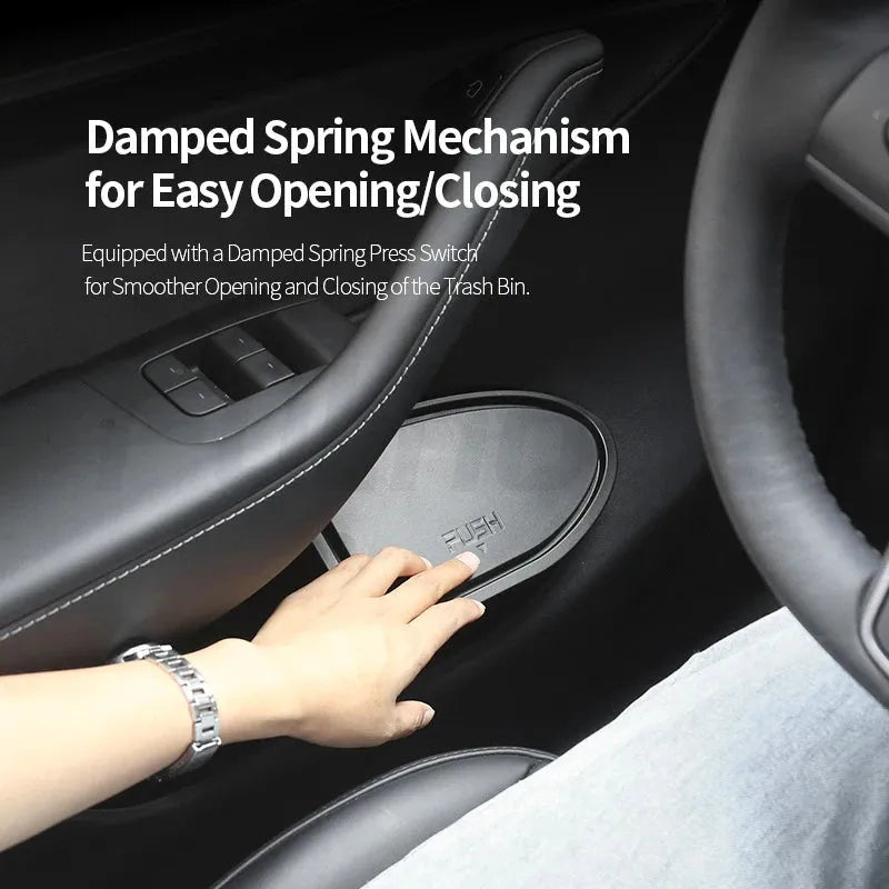 Two black ABS plastic storage bins designed for Tesla Model Y front door pockets