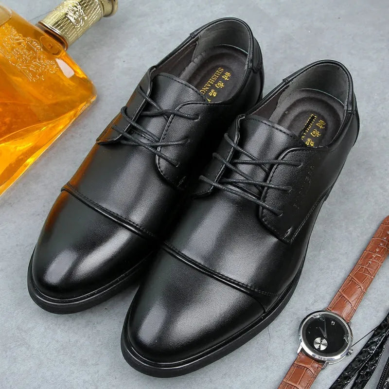 Men's black leather lace-up business shoes with rubber sole on extended size range