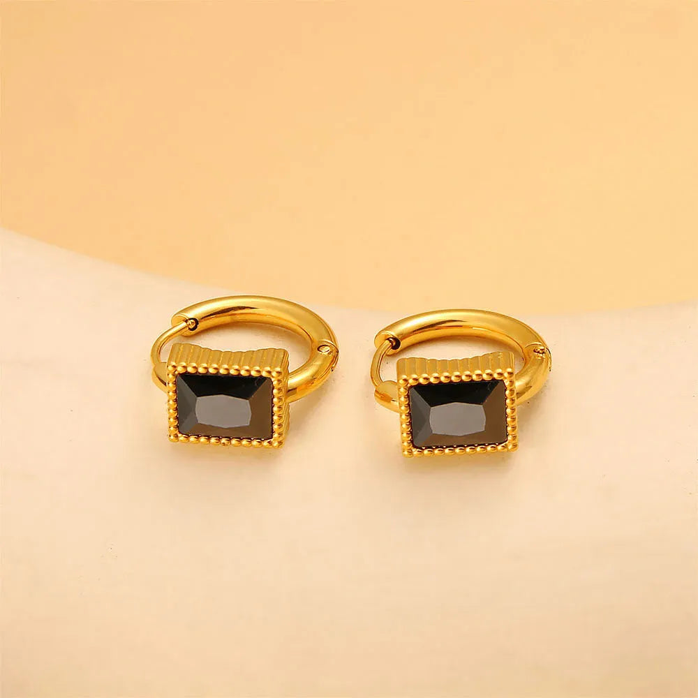 Square zircon stainless steel geometry earrings with round rings in white, black, or green.