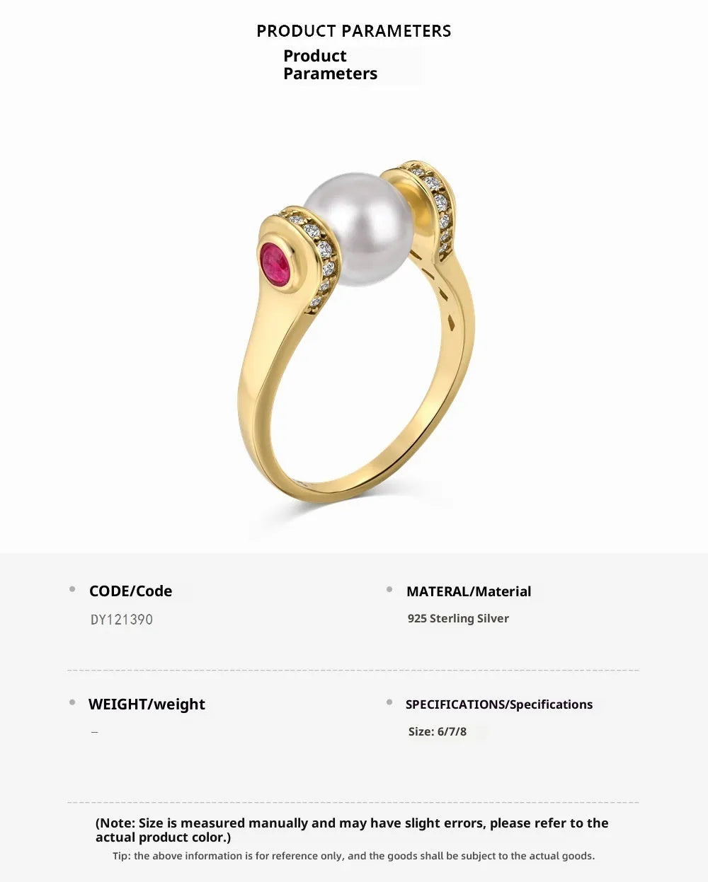 Gold colour silver female ring with geometric round pearl design, sizes 6, 7 and 8