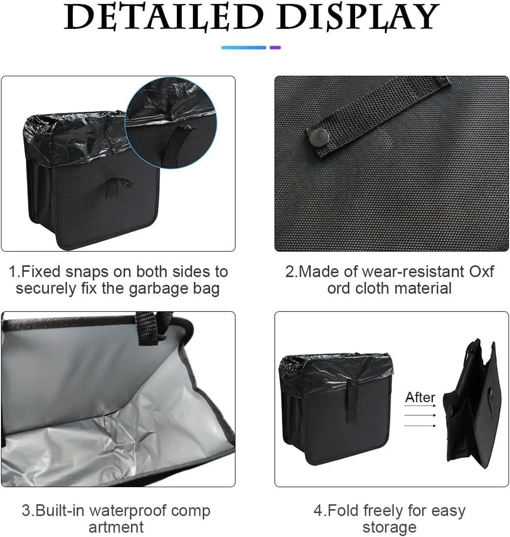 Black car folding trash can with hanging straps and 22L capacity