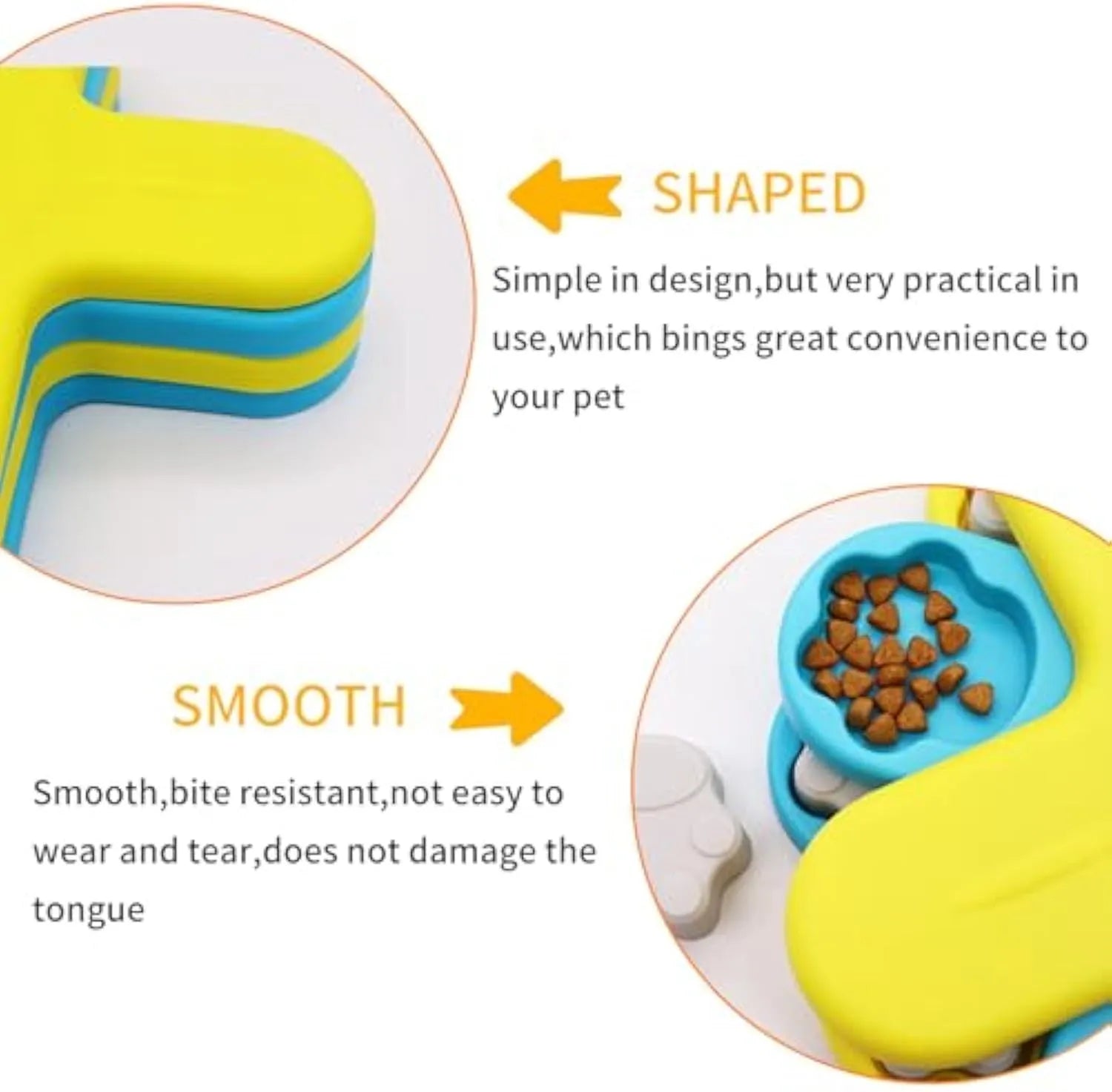Yellow three-layer rotating dog puzzle feeder toy with anti-slip rubber base on a floor.