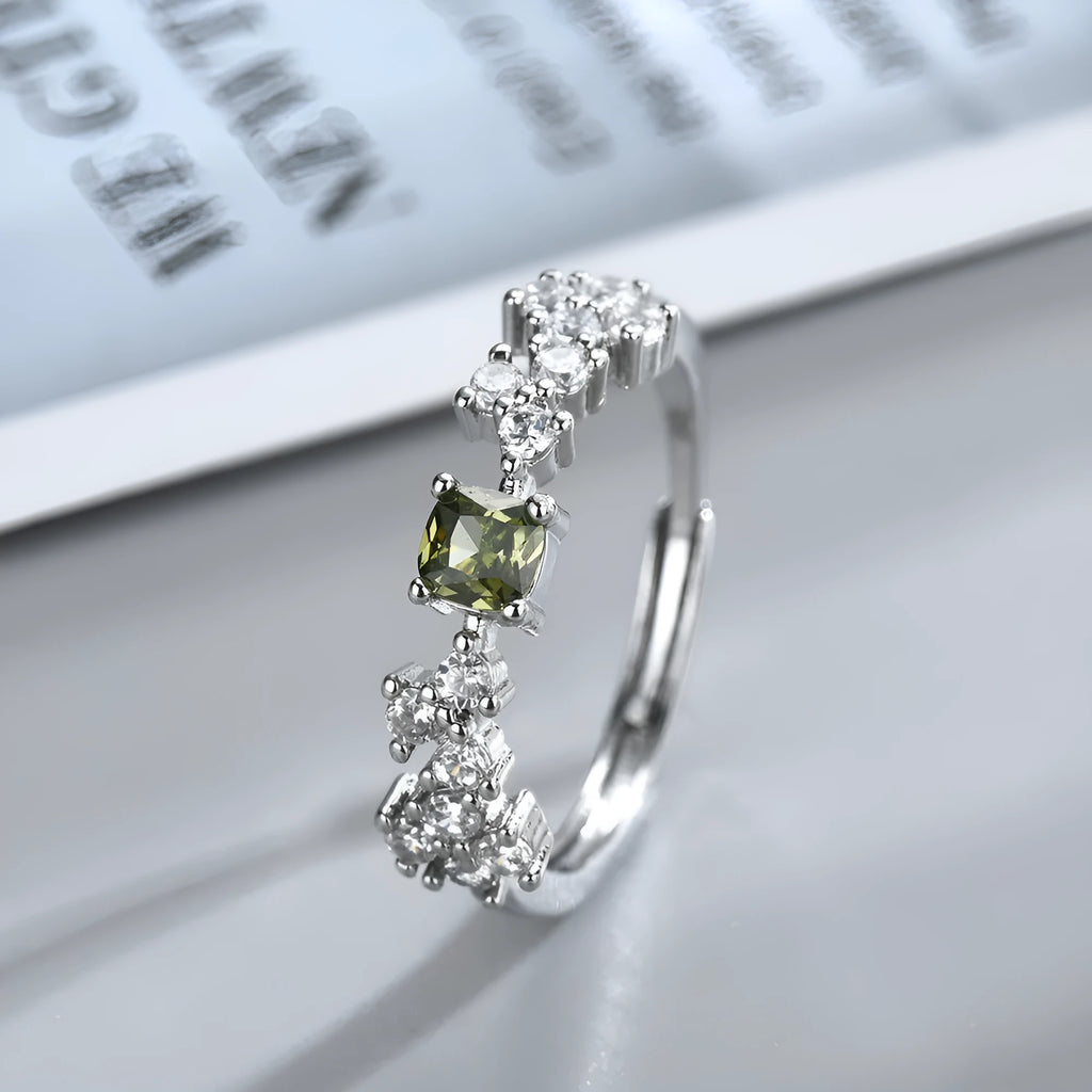 Olive green zircon ring for women, crown shape, adjustable open mouth, copper electroplated white gold tone
