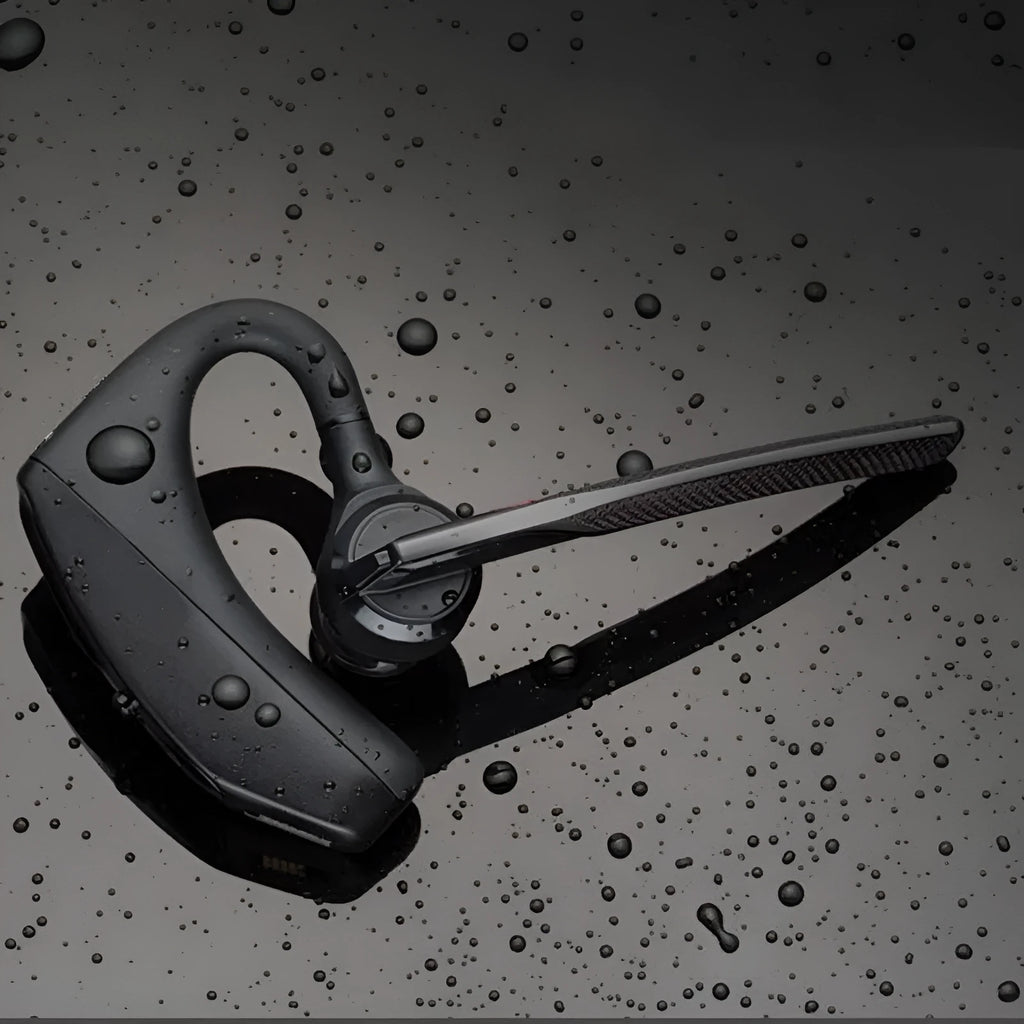 Black plastic Bluetooth sports headphones with a USB port and a battery display.