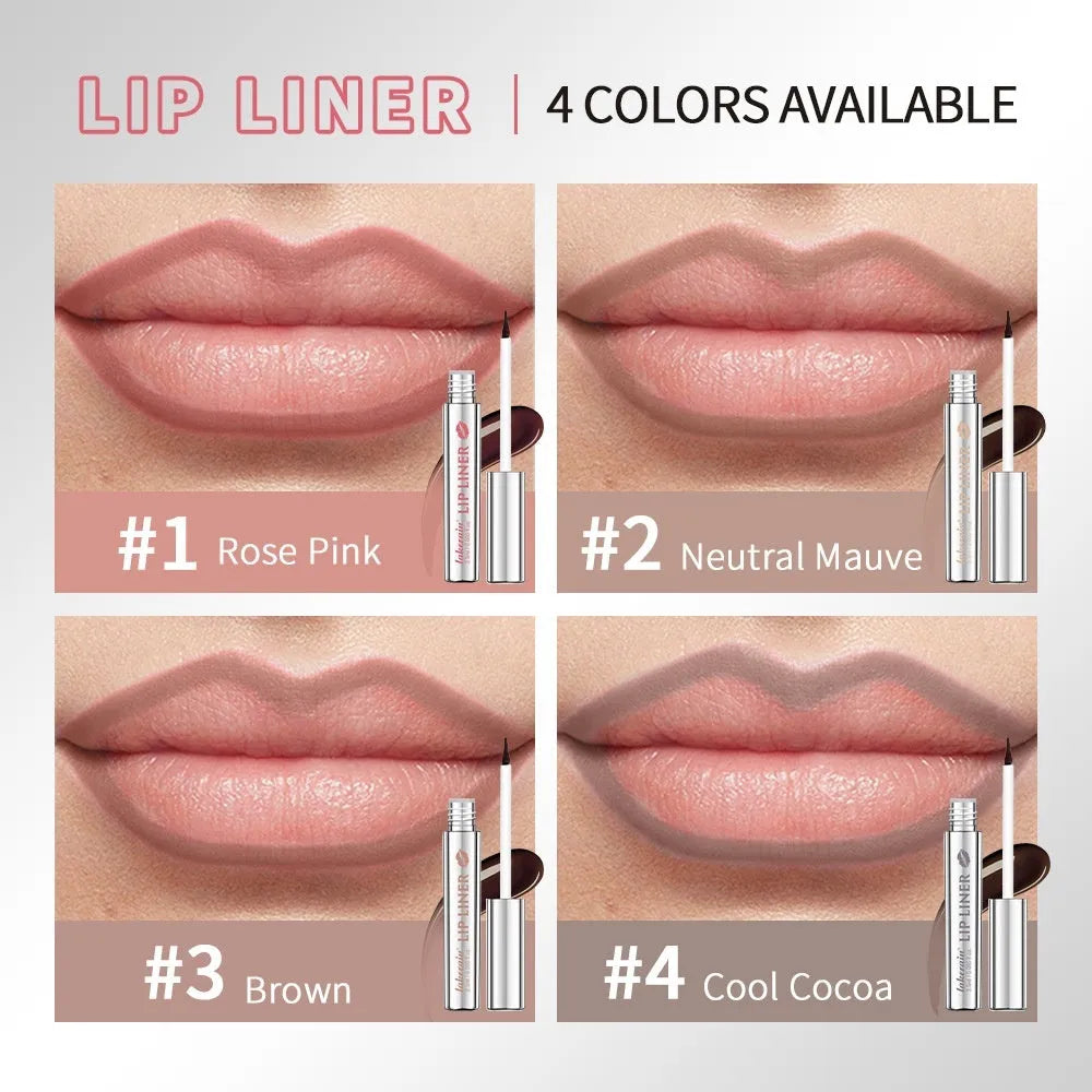 Matte finish pointed toe tear and pull lip liner pencil in Rose Pink, Neutral Mauve, Brown, and Cool Cocoa shades
