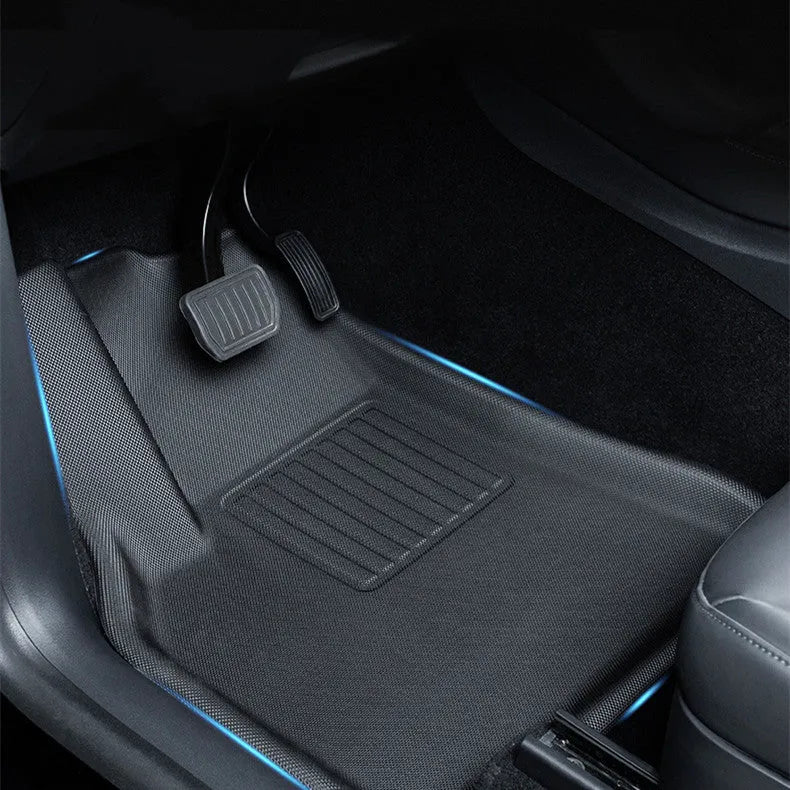 TPR floor mat set for Tesla Model Y including foot mats, front storage box mat, and tailbox mats