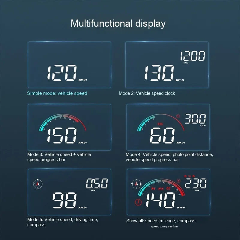 Black universal head-up display car projector for speed and compass on dashboard