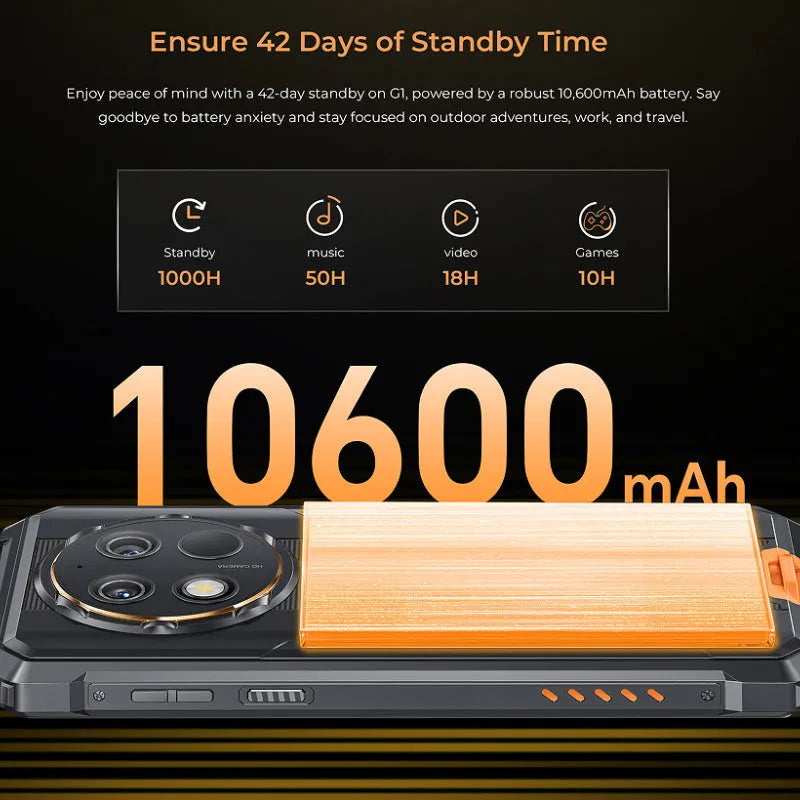 OUKITEL G1 mobile phone in green, grey, and orange colour options with charger.