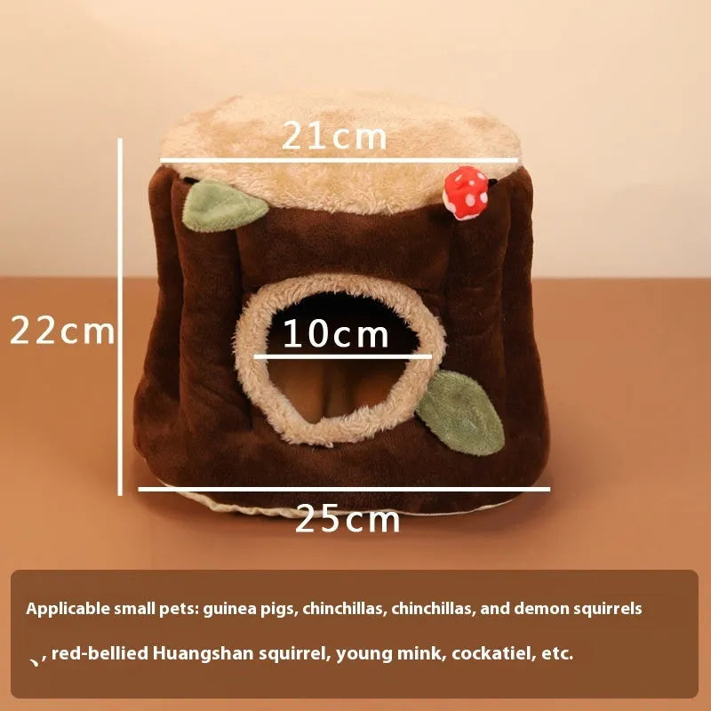 Brown cloth hanging stump nest for rabbits, shown in small, medium, and large sizes.