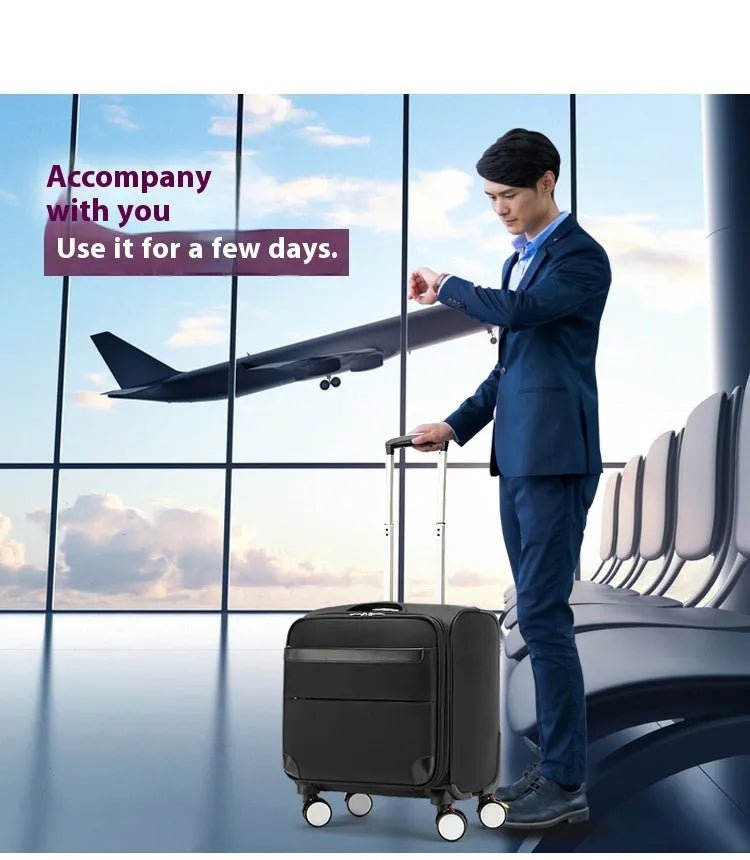Black 18-inch Oxford cloth carry-on spinner suitcase with telescopic handle on airport carpet.