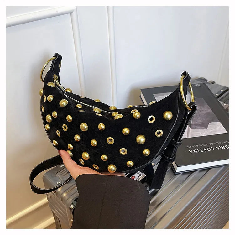 Retro rivet bag in frosted imitation buckskin with suede finish, dumpling shape, single shoulder strap, in khaki colour
