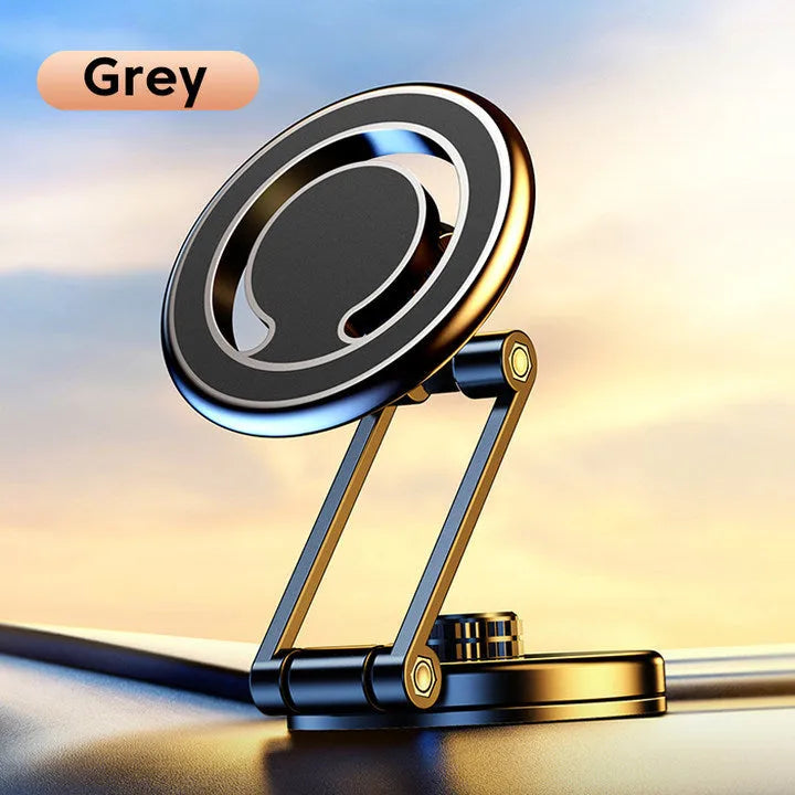 Telescopic folding magnetic car phone holder mounted on dashboard in black finish with phone attached