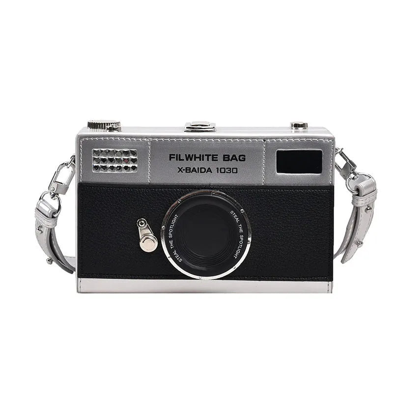 Soft PU mini crossbody camera bag in horizontal square shape with chain strap in black colour
