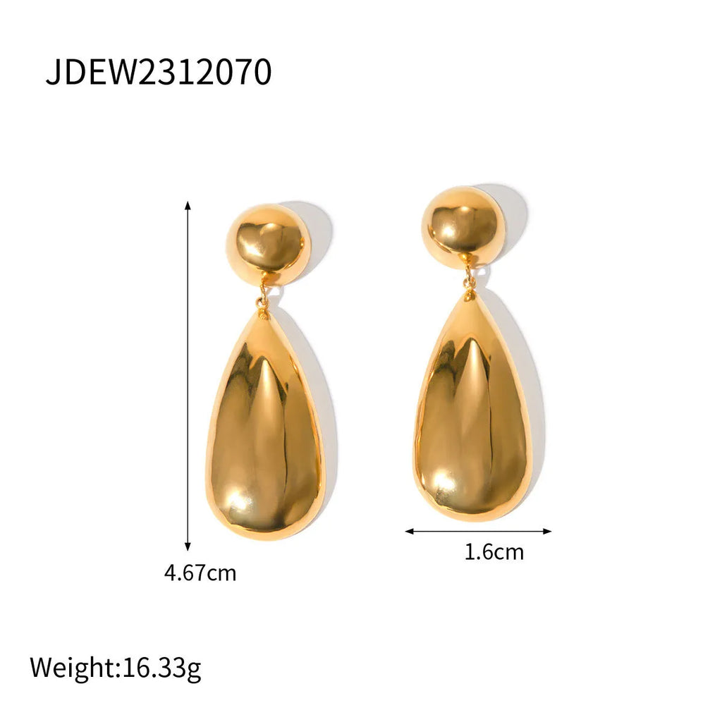 Gold stainless steel earrings with a geometric hemisphere and dangling water droplet pendant.