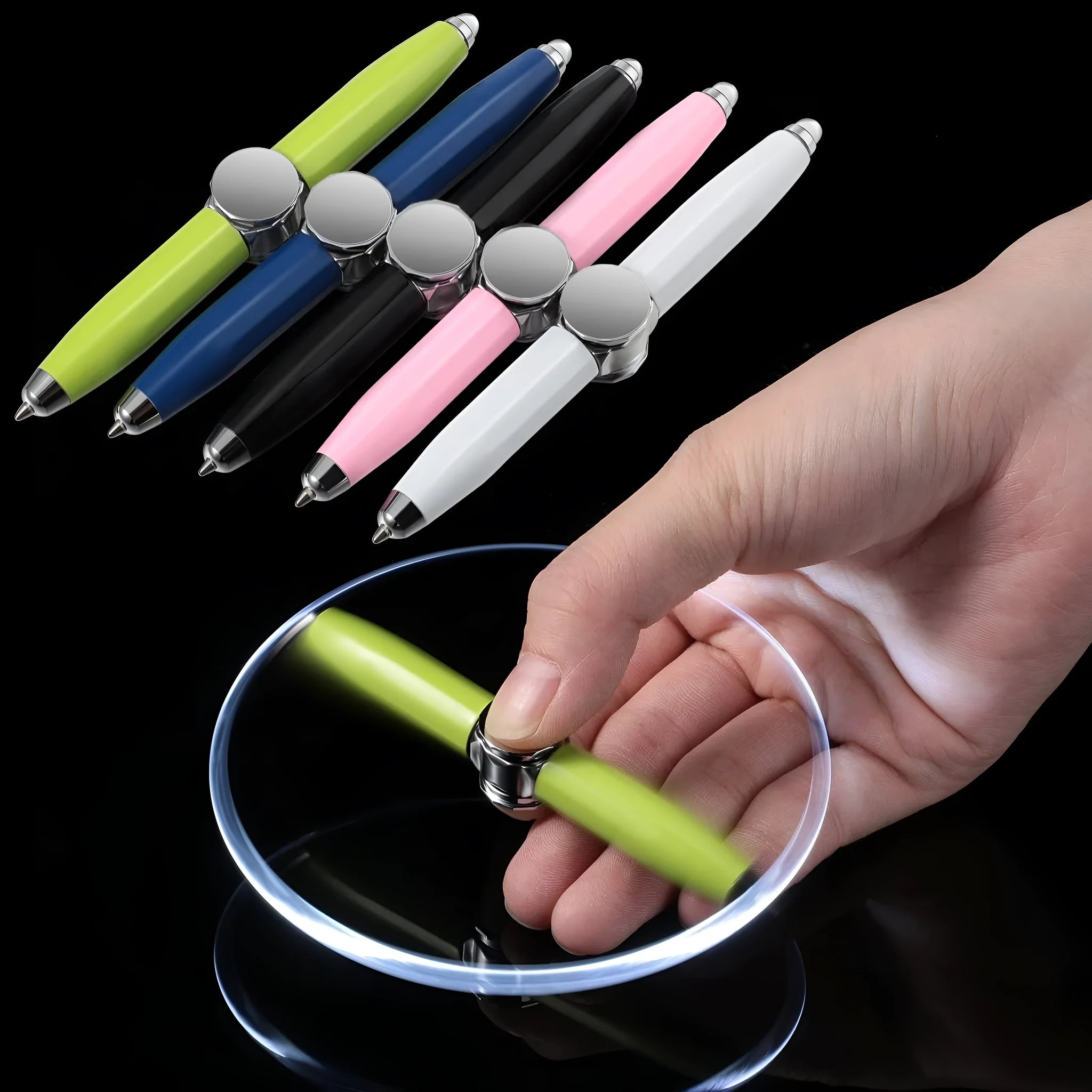 Metal LED light-up gyro spinner ballpoint pen showing 12 ink colour options