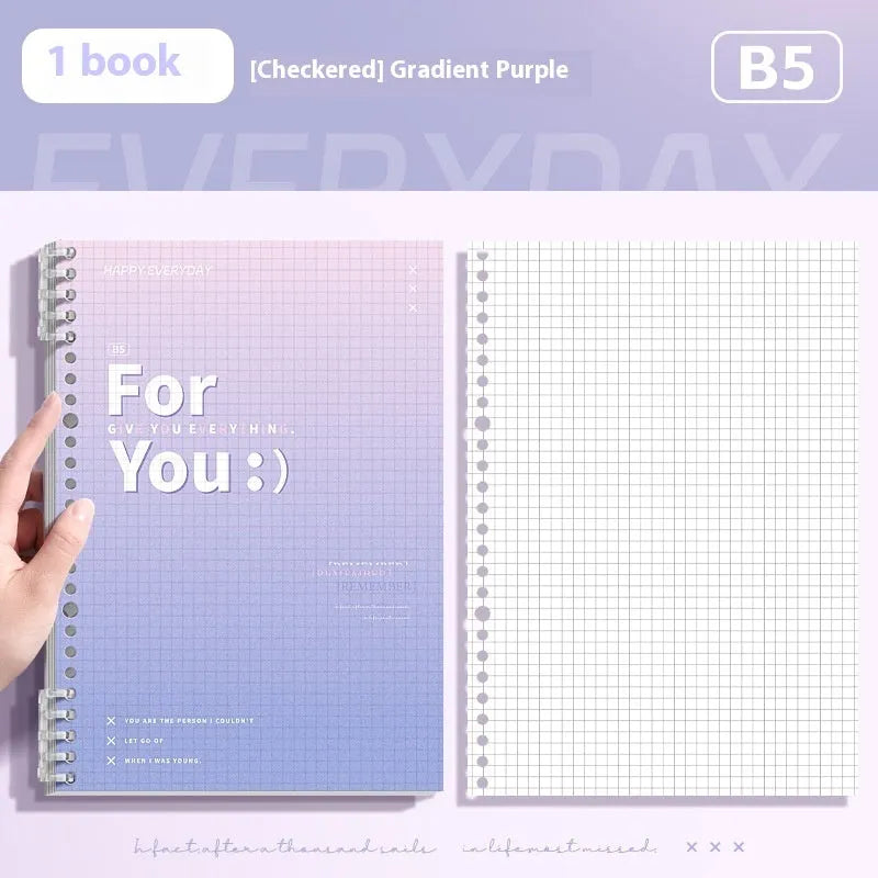Removable coil gradient notepad in blue, green, pink, or purple with grid paper.