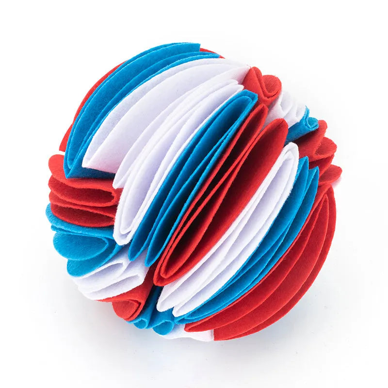 Foldable polar fleece dog snuffle ball in beige brown with deep folds for hiding treats