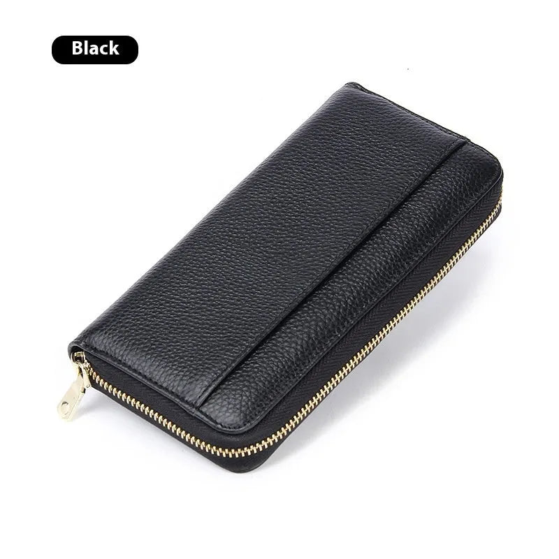 Genuine leather long wallet in black, showing large-capacity design and card slots.