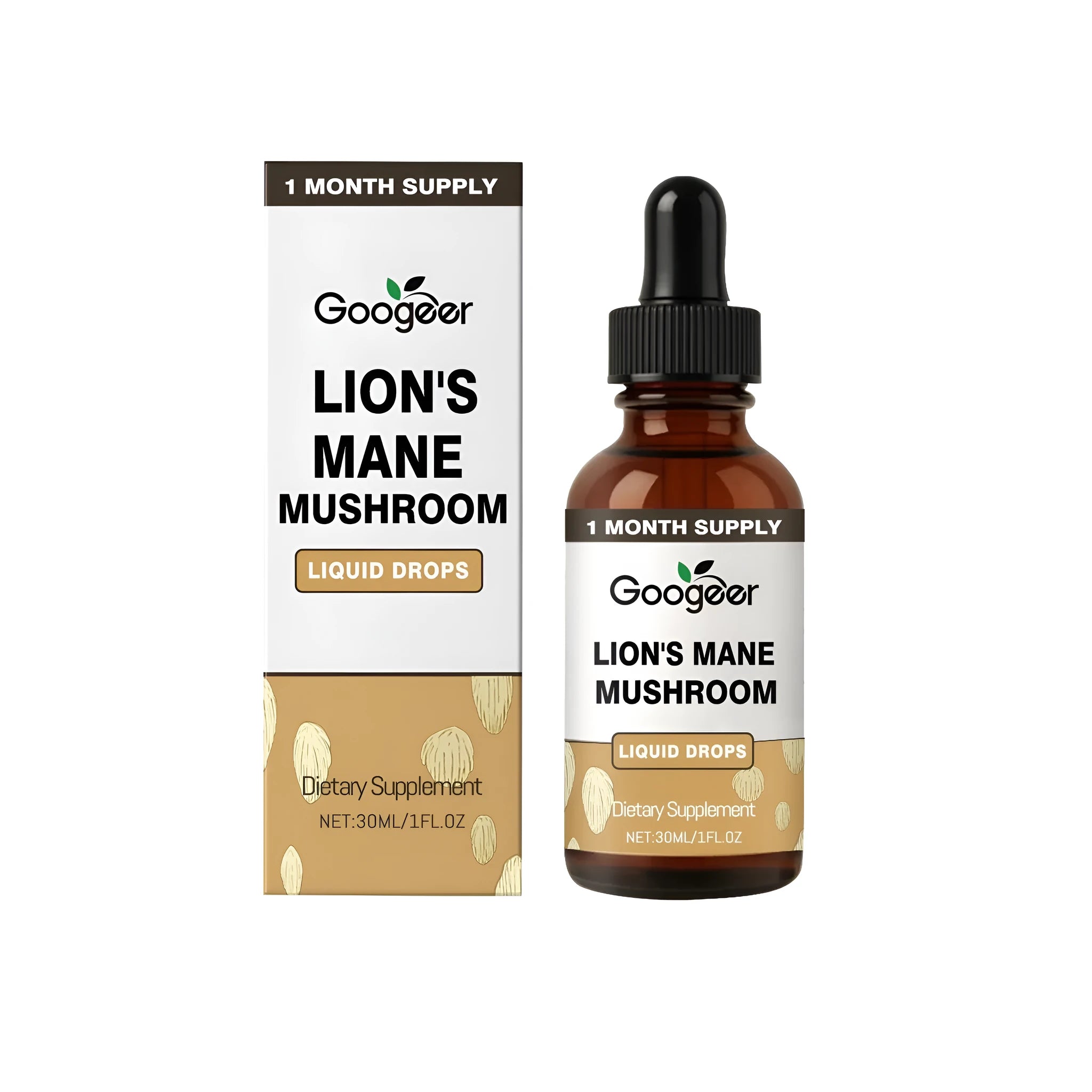 30ml bottle of Lion's Mane mushroom liquid drops with a glass dropper on a wooden background.
