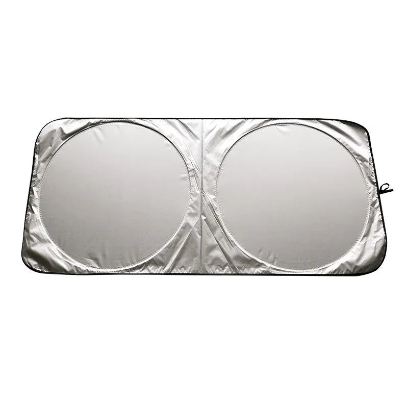 Silver universal car sunshade measuring 190 by 90 cm with cloth storage bag