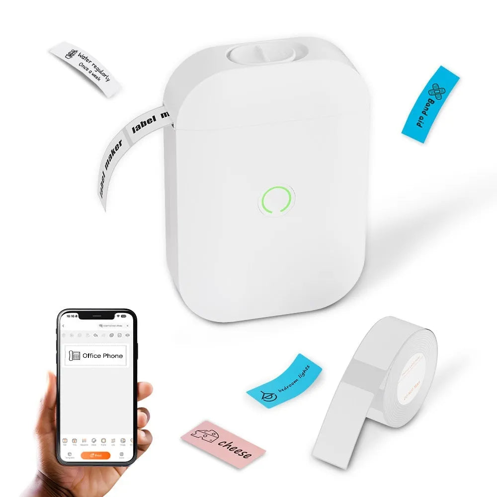 D11 AIYIN White portable Bluetooth thermal label printer with USB connectivity, dimensions 120x83x33mm