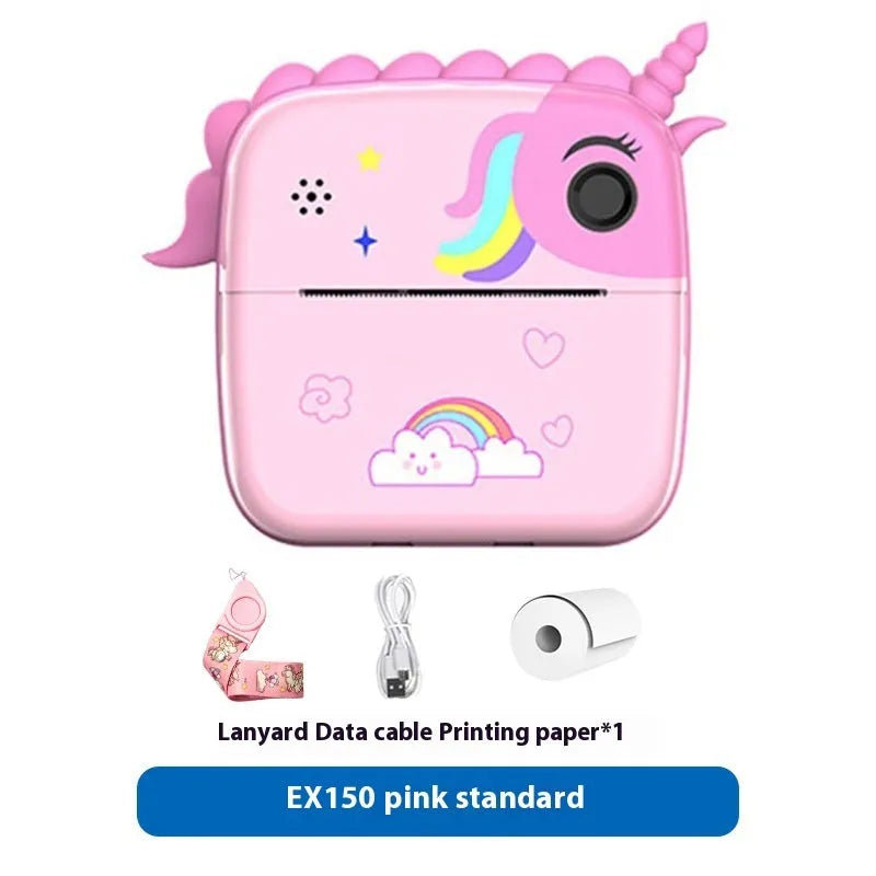 Pink children's SLR-style dual lens toy camera on a white background.