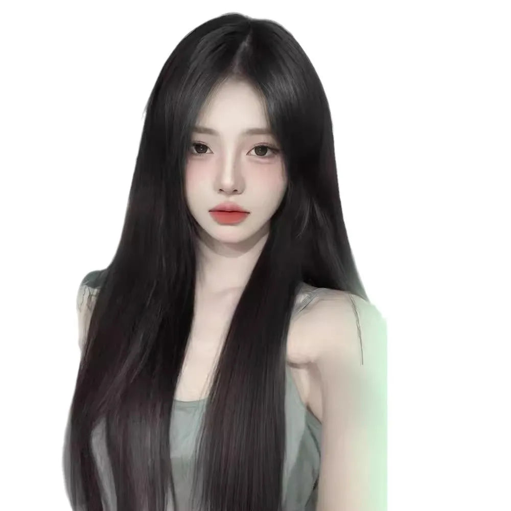 Female full-head wig with forehead lace construction in brown black colour with long straight styling