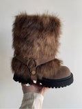 Women's winter snow boots in beige with artificial plush upper, thick rubber sole, and mid-calf shaft