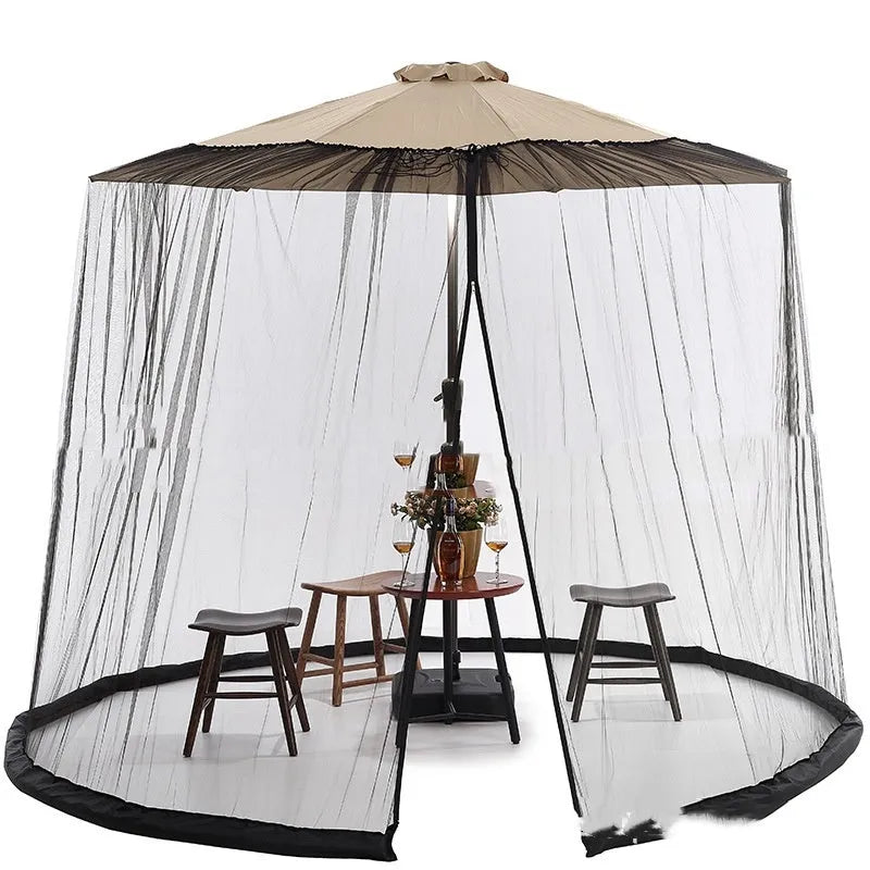 Heavy outdoor steel-framed umbrella tent with sunshade canopy and mosquito net in a garden setting.
