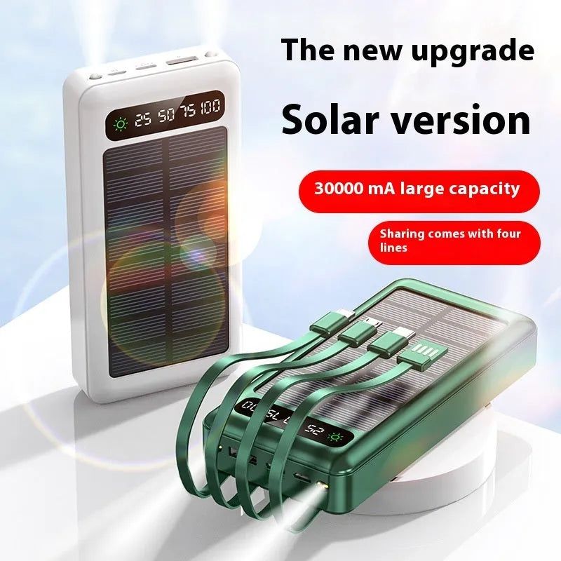 Solar power bank with 30000 mAh capacity in black white or green plastic case measuring 140 x 68 x 44 mm