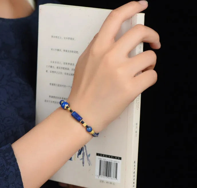 Hand-woven flexible wire watch band in ethnic style, showing Lapis Lazuli and Hongfei Ebony colour options.