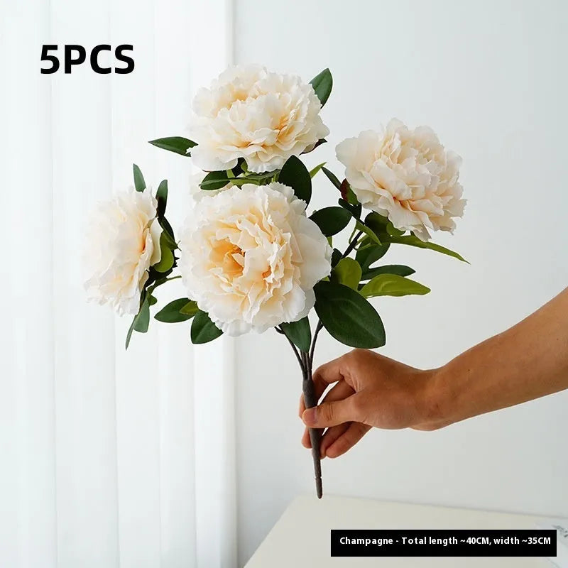Artificial peony 5-head bouquet in light champagne, 40cm tall silk flower arrangement