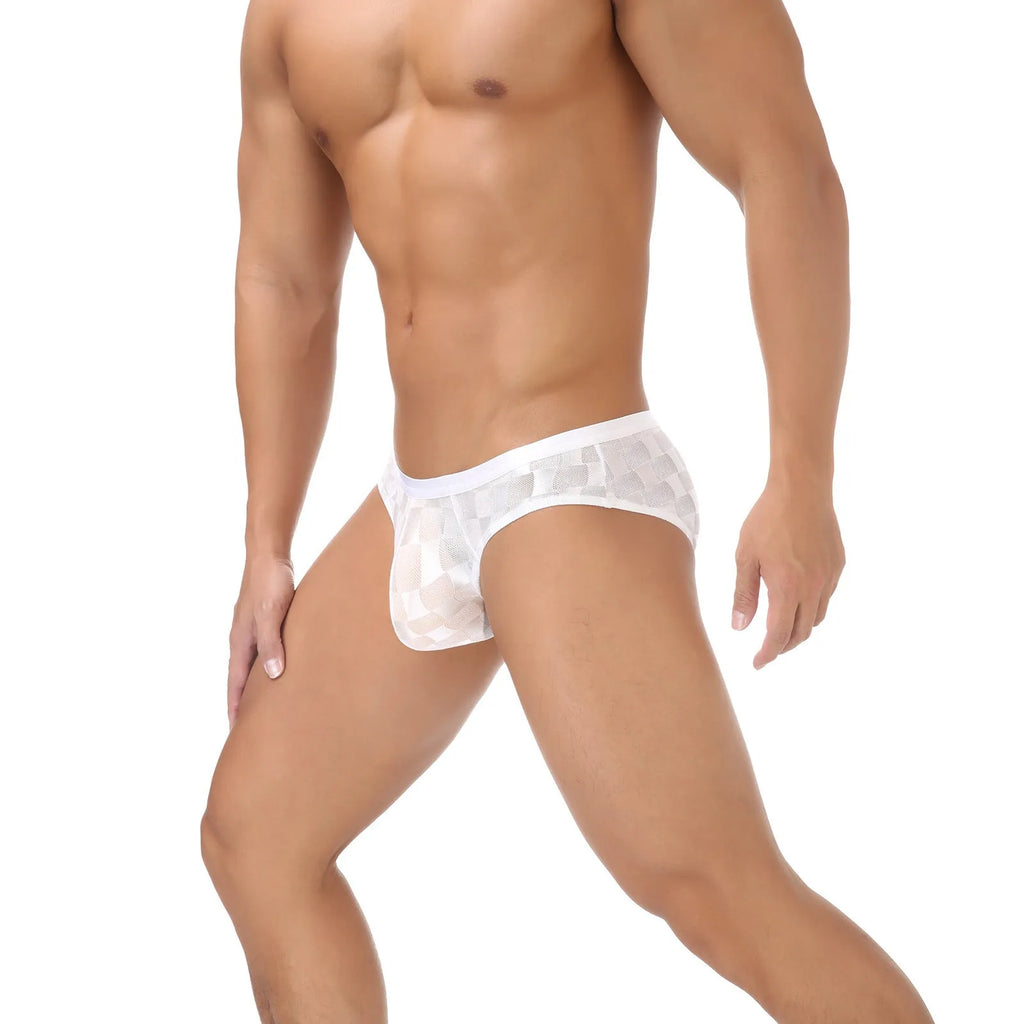 Men's black and white plaid mesh briefs with U-convex design for hip support.