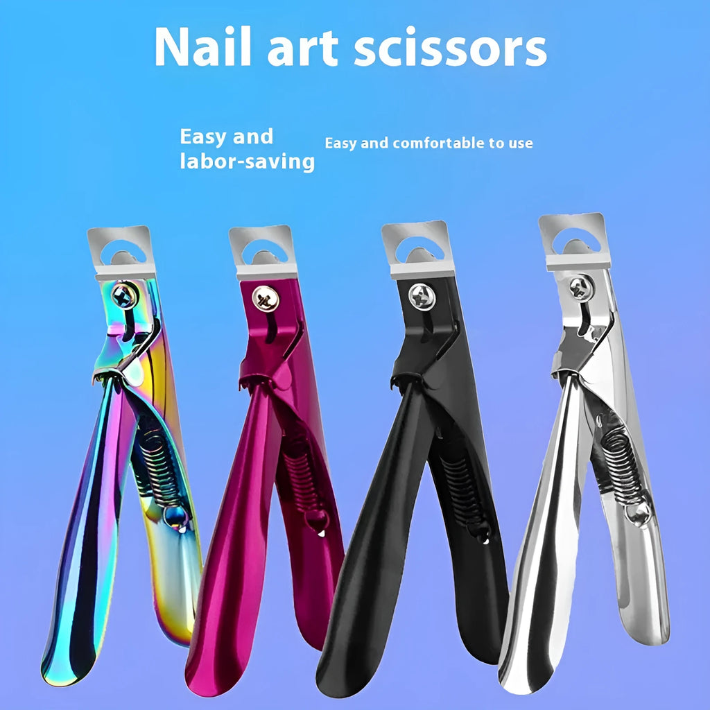 Stainless steel nail scissors with French U-shaped blades for nail art, shown in black, titanium, or silver finishes.