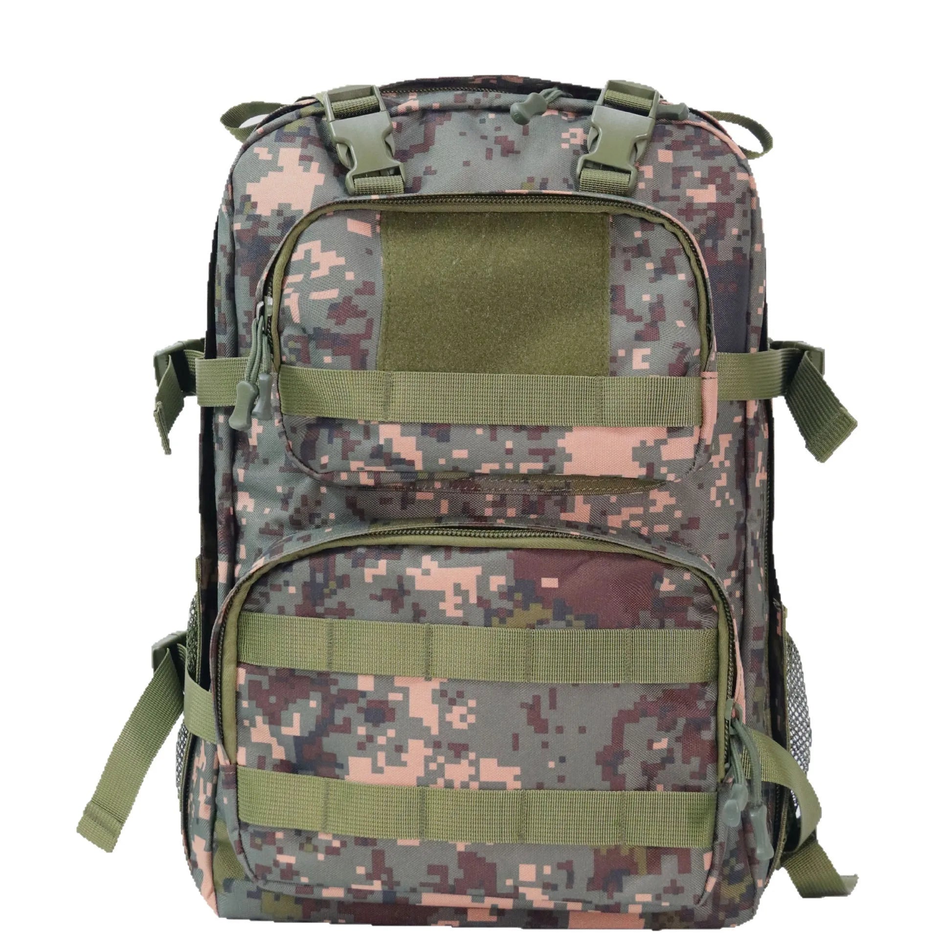 Camouflage pattern waterproof outdoor rucksack with air pillow belt system showing 30x15x46cm dimensions