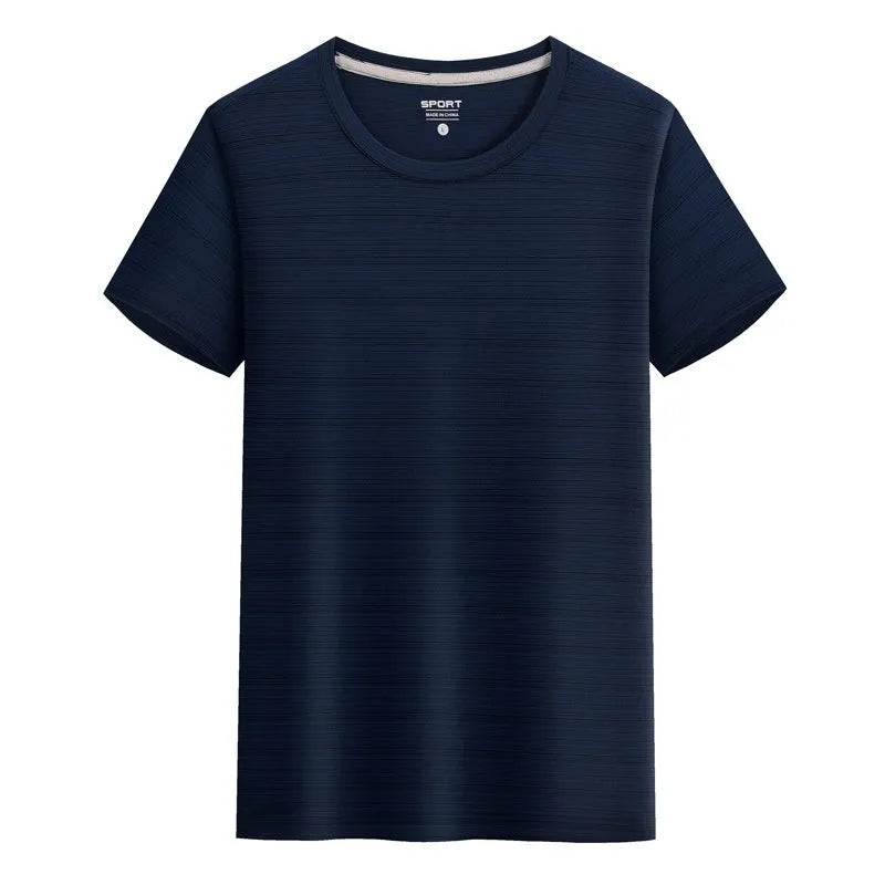 Crystal silk round neck quick-drying T-shirt in a solid colour on a hanger.