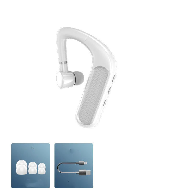 Black Bluetooth earphones with a hanging-ear design, shown with multiple ear caps and a charging cable.