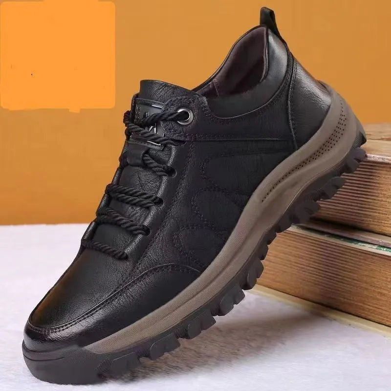 Plus size men's outdoor shoes in black or brown with artificial PU upper, rubber sole, and front lace-up, sizes 39-48