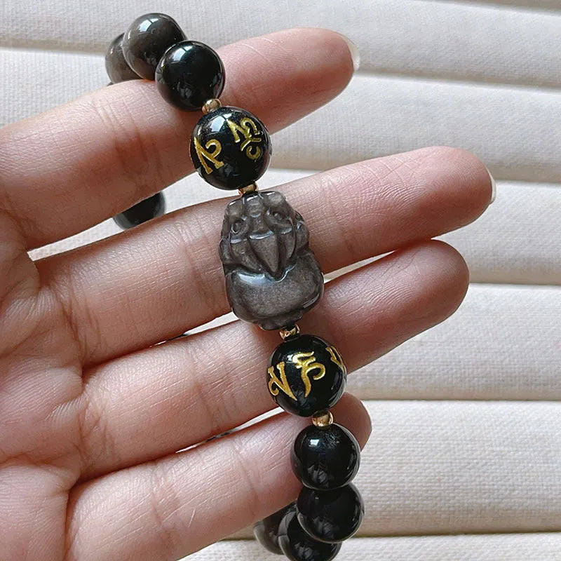 Men's natural silverstone bracelet with Chinese zodiac design and manual bead stringing