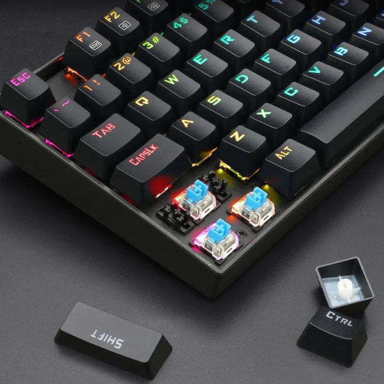 Monochrome luminous wired mechanical gaming keyboard set with green axis switches, aluminium alloy body, includes mouse and headphones