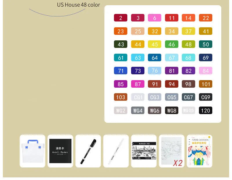 48 colour oily soft-tip marker set with square rods and round and oblique head tips for hand-painted designs