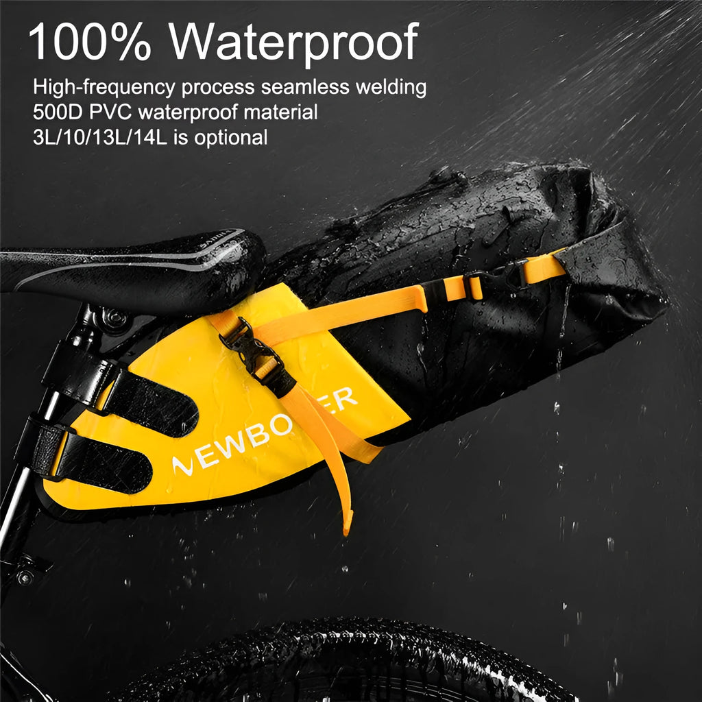 Yellow waterproof PVC bicycle tail bag mounted on a bike seat, showing its 58cm length and mounting straps.