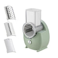 White electric vegetable slicer with suction base and rotary cutting mechanism for kitchen use