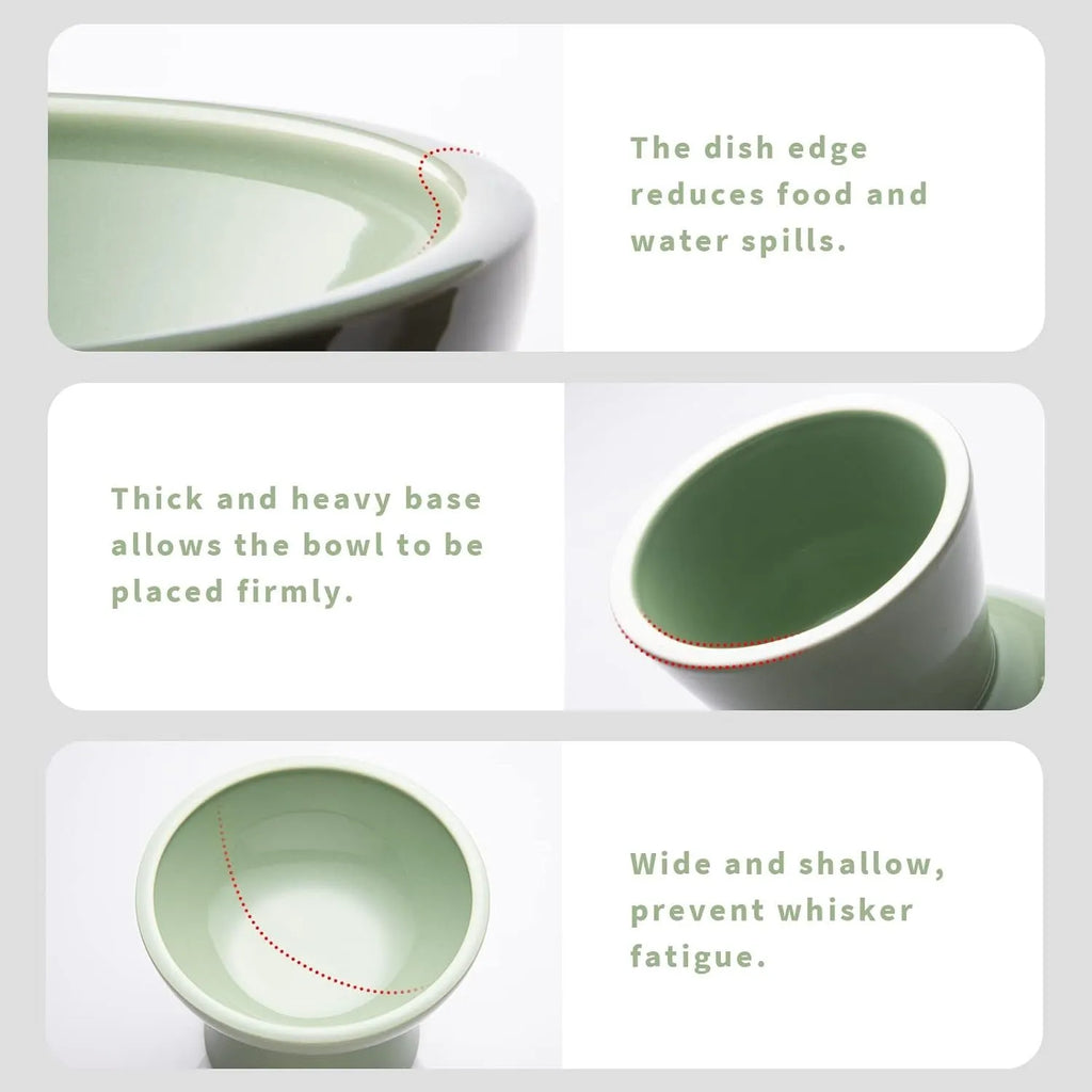 Ceramic elevated cat food bowl set in blue green pink or white colours with wide shallow design
