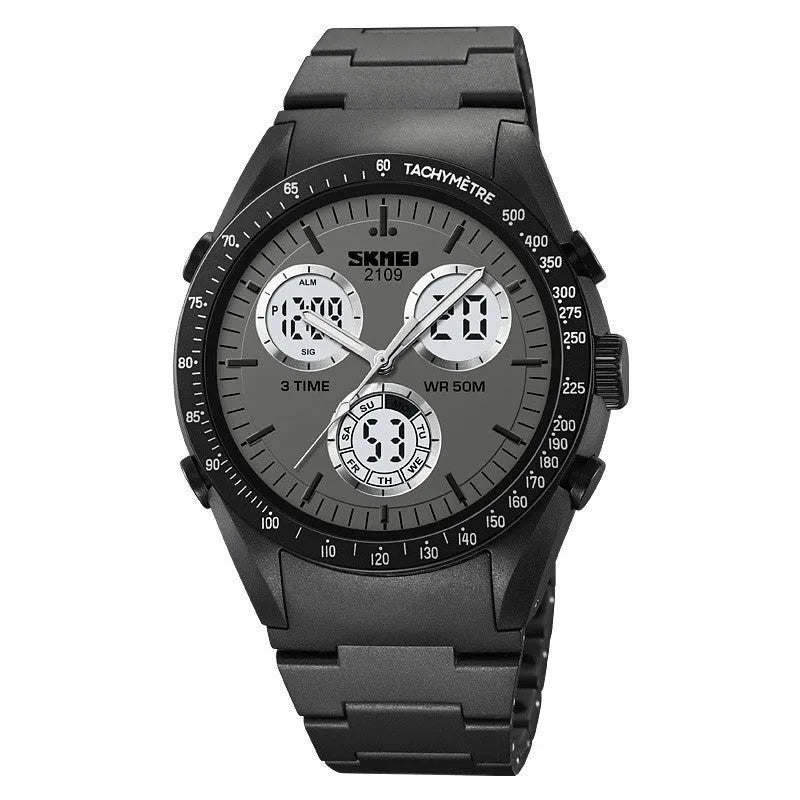 Unisex digital watch with camouflage strap, resin lens, and stainless steel button on a wrist.