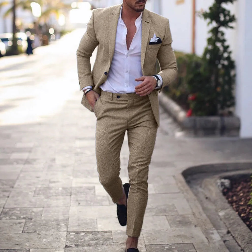 Men's leisure set with digital print two-button suit top and two-piece trousers slim fit light business casual